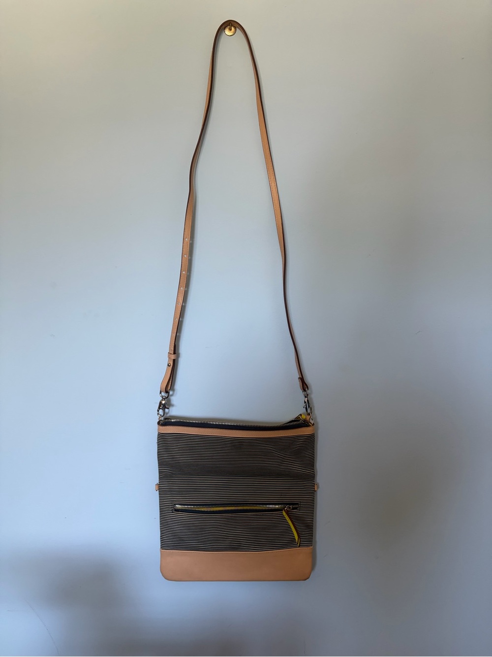 Stella & Dot Tan and Gray Striped Crossbody with Yellow Accent